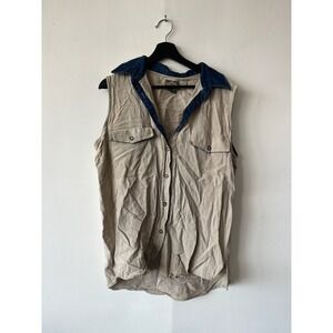 Vintage Express Shirt Womens Large Linen Rayon‎ Sleeveless Button Up Western 90s